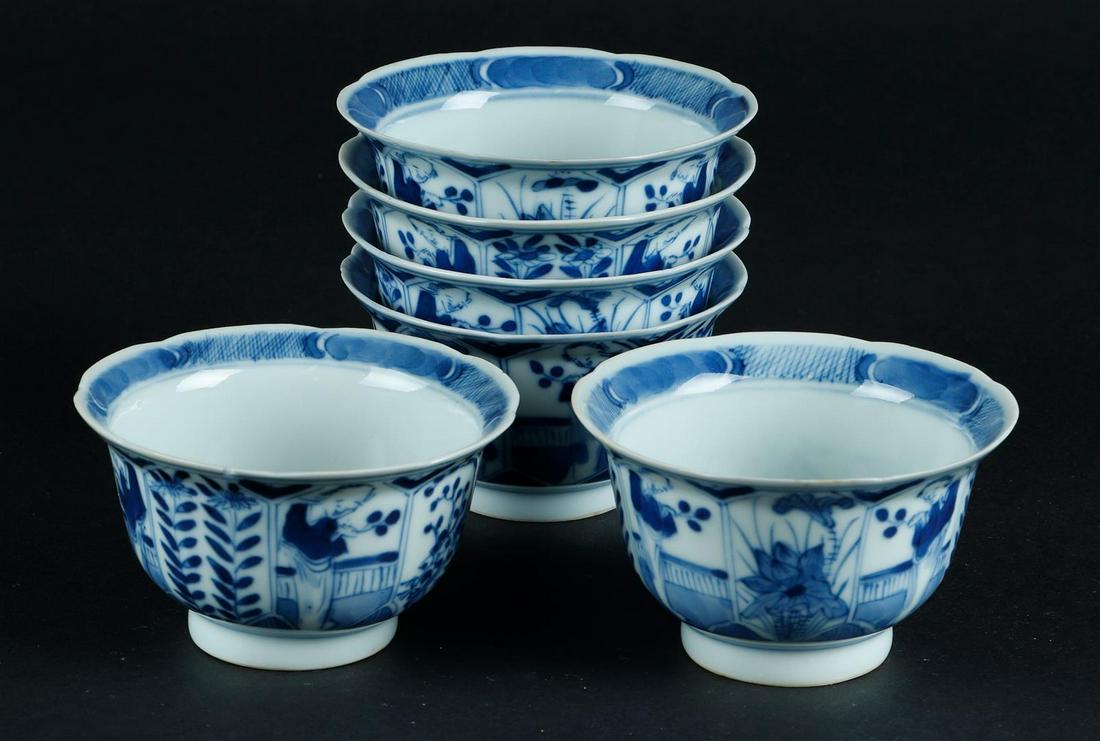 6x porcelain cups, molding decor. China, 19th century. And a beaker vase with lilac decor.: 6x porcelain cups, molding decor. China, 19th century. And a beaker vase with lilac decor. China, 19th century.