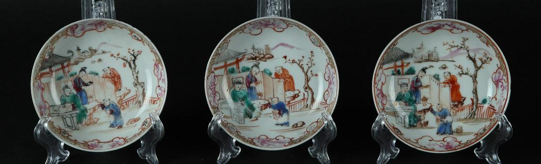 Three porcelain plates with Mandarin decoration of figures at a pavilion in a landscape. (1 of 2)