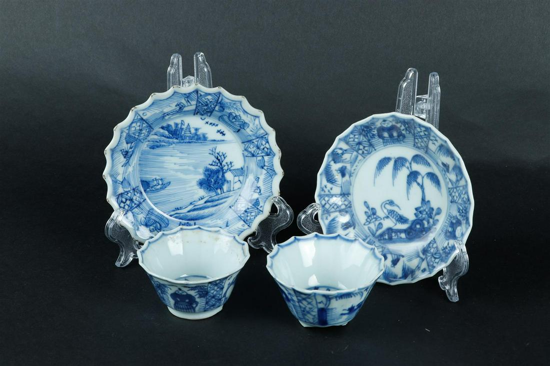 A lot of porcelain angled cups and saucers with a figure and river landscape decor. China, Kangxi. (1 of 2)