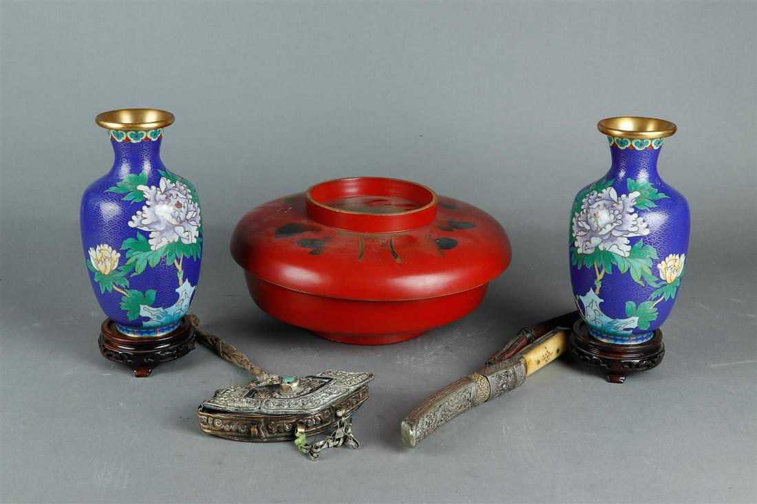 A large lot of Asian items, including cloisonnÃ© vases, a lacquer box, a dagger and a purse. (1 of 3)