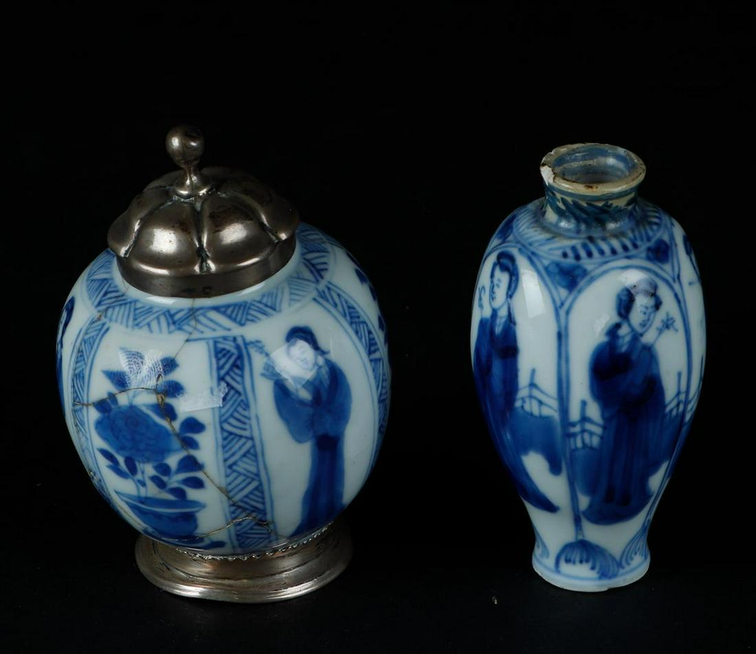 A set of various porcelain vases; in baluster 1x convex ( silver mount), both with long echelons: A set of various porcelain vases; in baluster 1x convex (with silver mount), both with long echelons decoration, 1x Jade, the other with artemisia leaf marked. China, Kangxi.H.: 9 cm.