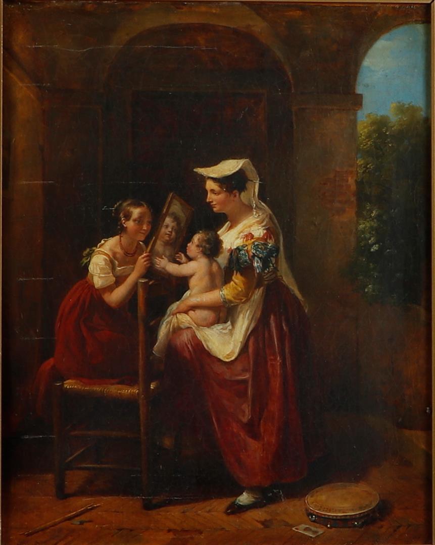 Flemish School, 19th century, An Italy with a child in front of a mirror, oil on canvas.: Flemish School, 19th century, An Italy with a child in front of a mirror, oil on canvas.42 x 32 cm.