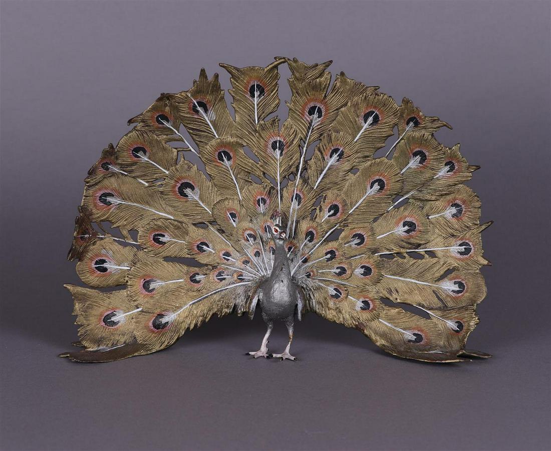 A cold-painted Viennese bronze of a peacock "Blaue Pauw", marked "FB"; possibly: Franz  Bergmann (1 of 3)