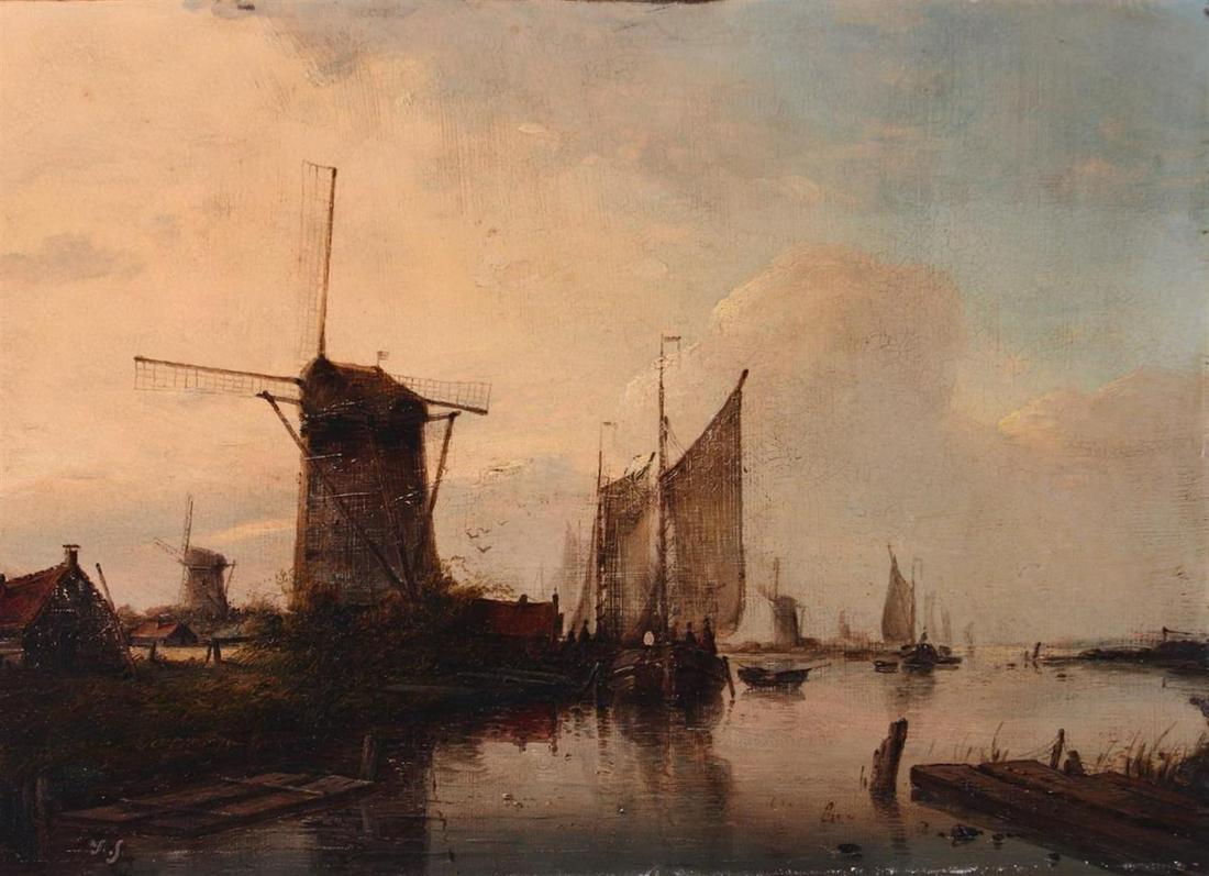 Dutch School, 19th/20th century, Moored ships at night, signed indistinctly (lower left) (1 of 3)