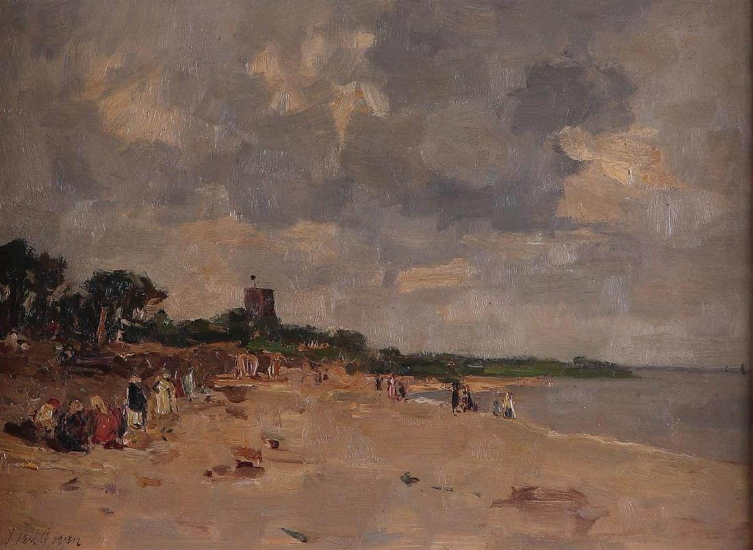 Dutch School, first half 20th century.Â Strolers and bathers on the river banks, a tower on horizon. (1 of 4)