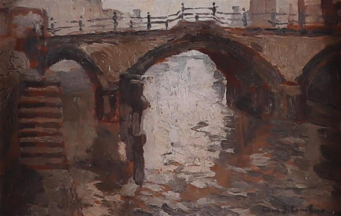 Belgian School, Cityscape with bridge, indistinctly signed (lower right), oil on panel. (1 of 4)