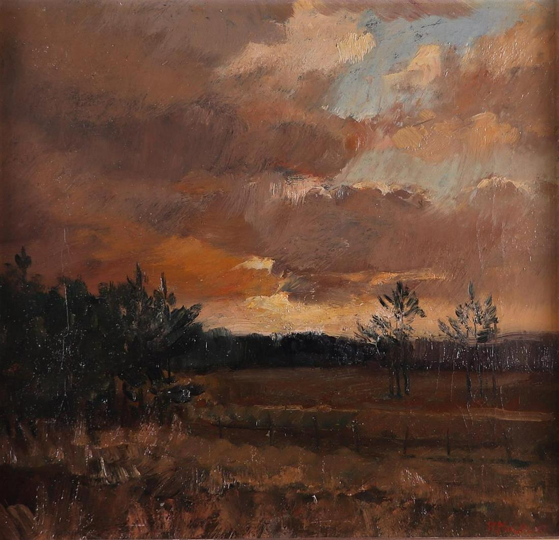 Romain Malfliet (Sint-Niklaas 1910- there 2006), Sunset (Heide),: Romain Malfliet (Sint-Niklaas 1910- there 2006), Sunset (Heide), signed (lower right), and signed again, and annotated with title (on the stretcher), oil on canvas.40 x 42 cm.