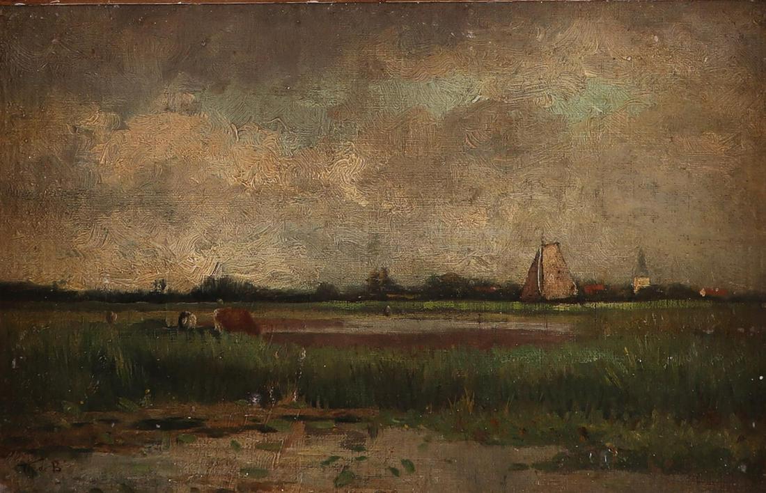 ThÃ©ophile Emile Archile de Bock ( 1851- 1904 ), Landscape with cows and a sailing boat (1 of 5)