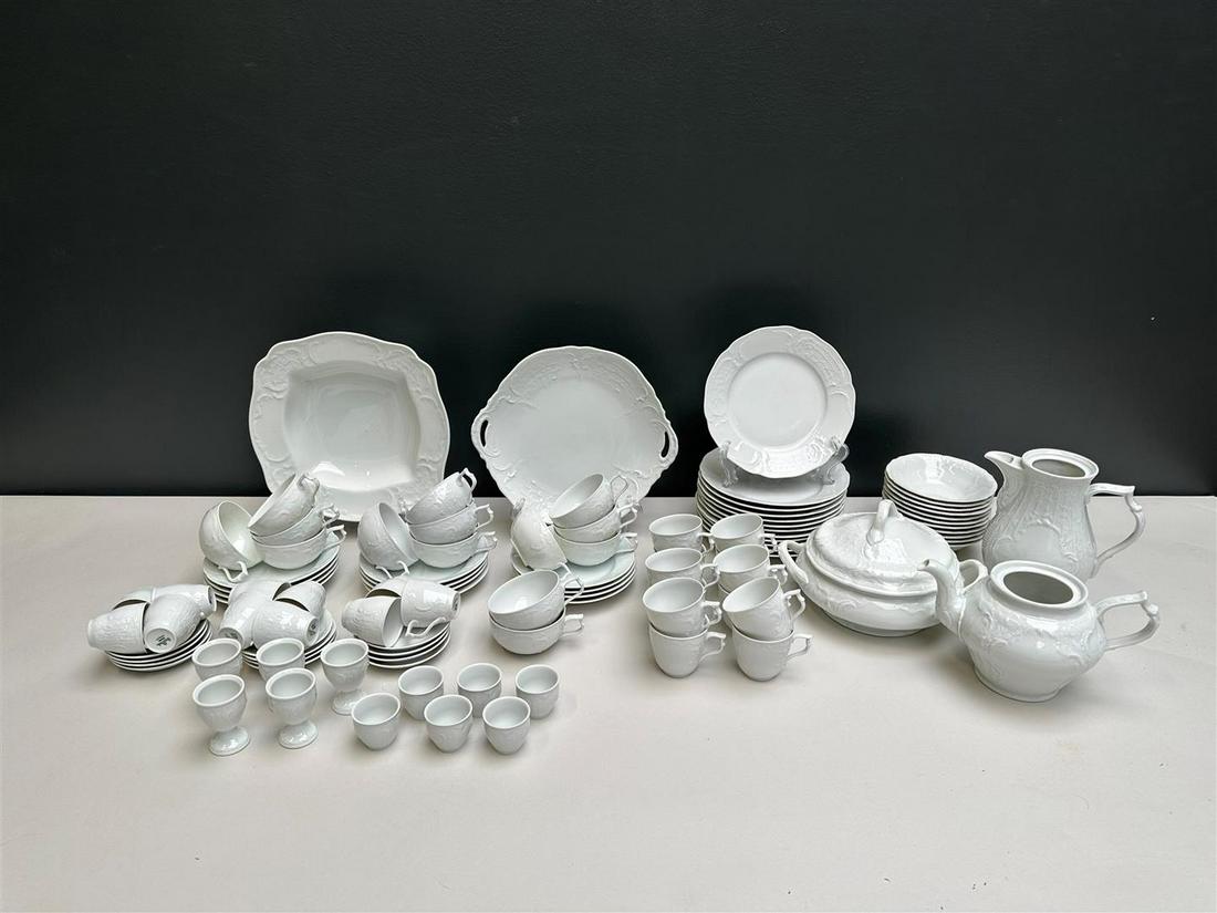 An 81-piece Rosenthal white Classic crockery set: An 81-piece Rosenthal white Classic crockery set including teapot and coffee pot (without lid), tea cups and saucers, egg cups, deep plates and flat plates.