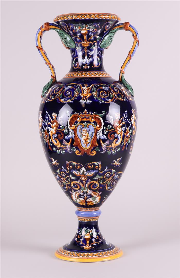 A large pottery Renaissance-style vase. Gien, France.: A large pottery Renaissance-style vase. Gien, France.H.: 54 cm.
