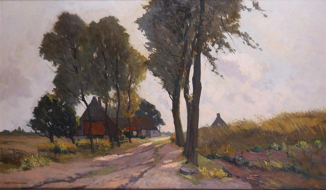 Xeno Munninghoff (Deventer 1873 - 1944 Barneveld), Farmhouses along a path on the Heelsumse Heide (1 of 3)