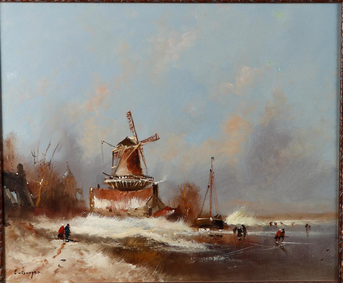 Hollande School, 20th century, Winter landscape with windmill and skaters on the ice. signed 'A. van: Hollande School, 20th century, Winter landscape with windmill and skaters on the ice. signed 'A. van Dongen' (bottom left), oil on canvas.50 x 60 cm.