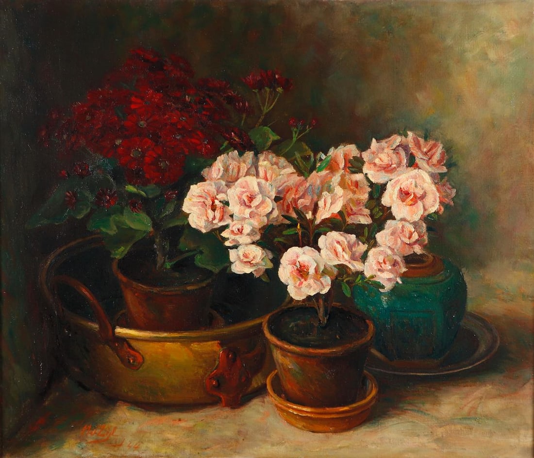 M. Zijl, XX, Still life of roses and geraniums in a pot, signed and dated '44 (bottom left) (1 of 4)