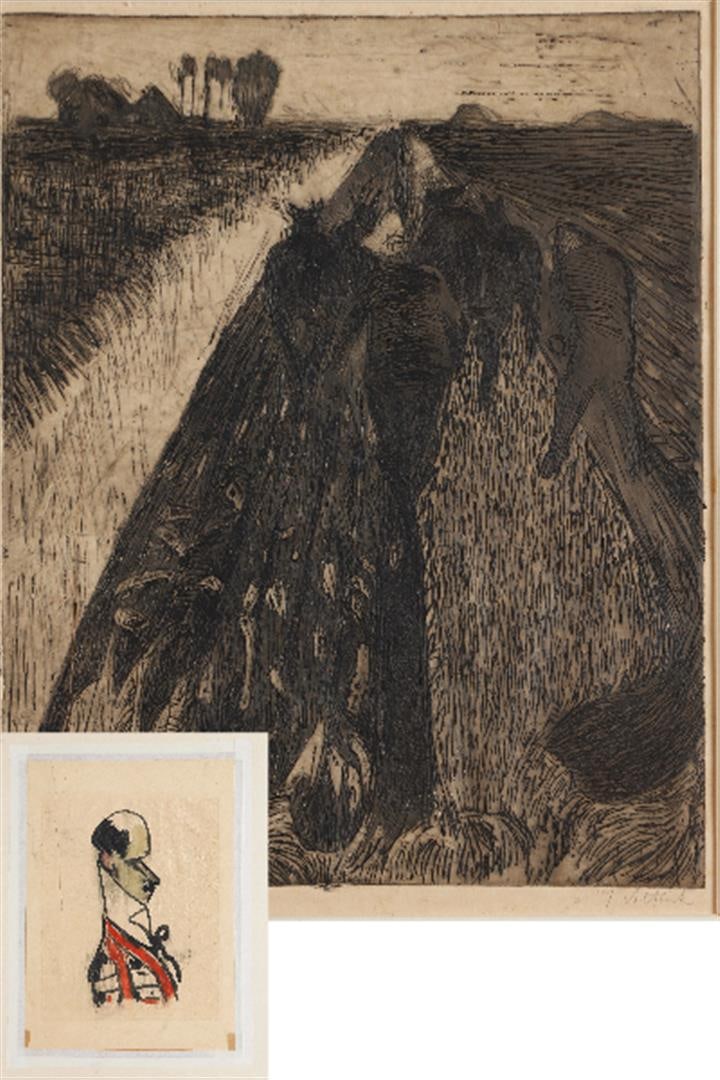 Jan Altink (Groningen 1885 - 1971), Double pair of horses for the plow: Jan Altink (Groningen 1885 - 1971), Double pair of horses for the plow, etching and drypoint (recto); Served in livery, watercolor (verso), signed in pencil (bottom right), and dated 1925. Provenance: