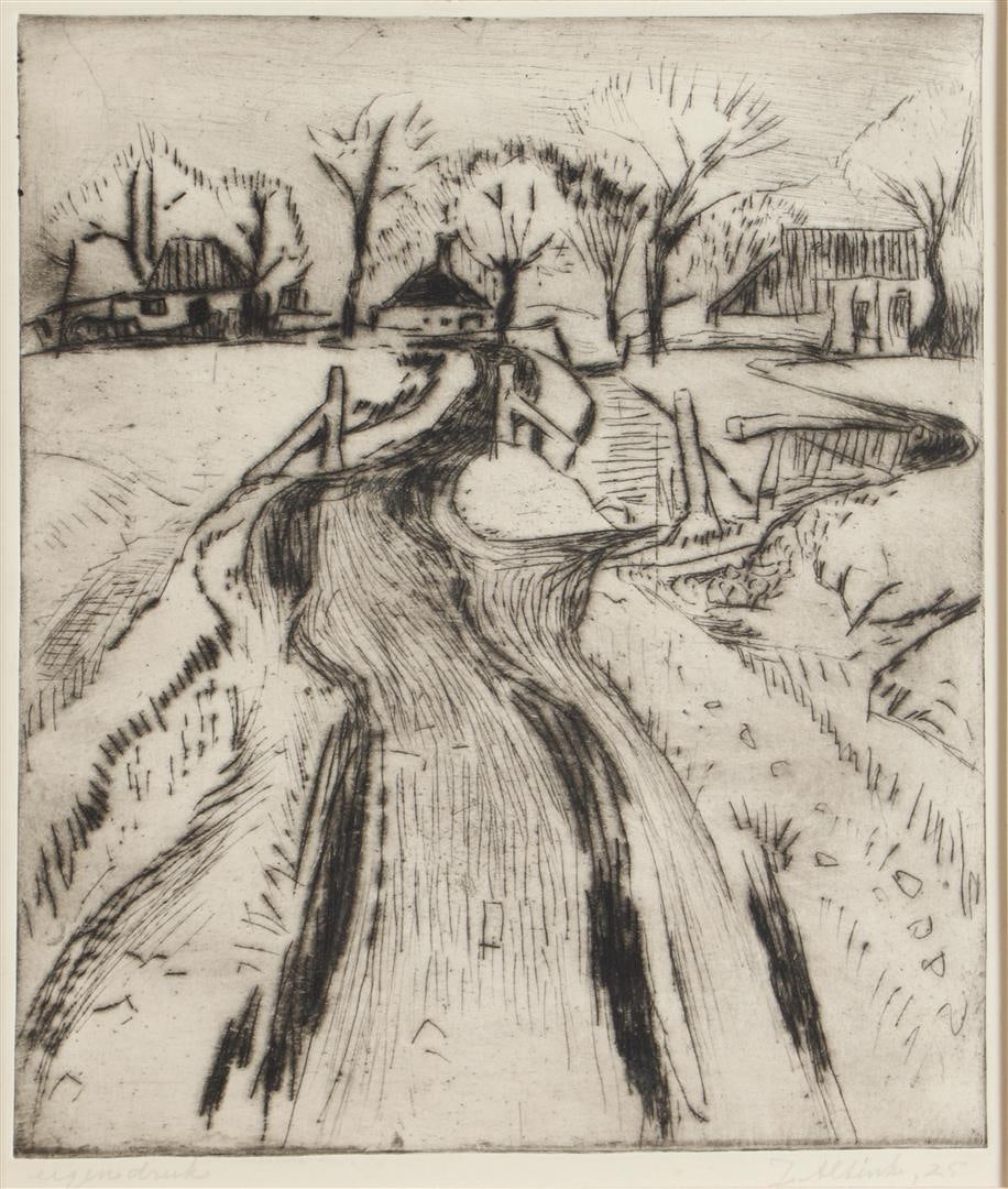 Jan Altink (Groningen 1885 - 1971), Country road towards farms, signed, dated '25', and annotated: Jan Altink (Groningen 1885 - 1971), Country road towards farms, signed, dated '25', and annotated 'own print' (in pencil), etching and drypoint. Provenance: obtained directly from the artist by J.H.M.