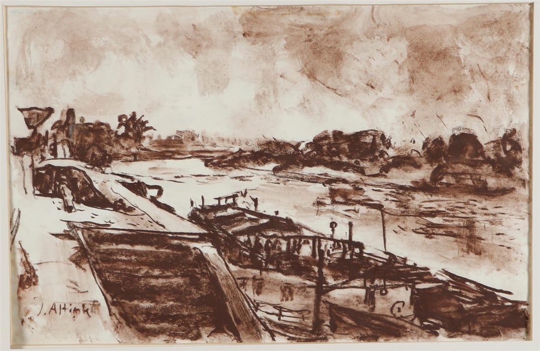 Jan Altink (Groningen 1885 - 1971), Port in Groningen,: Jan Altink (Groningen 1885 - 1971), Port in Groningen, signed (bottom left), and with various studio stamps (verso), brown gouache and watercolor on paper, Provenance: obtained directly of the artist