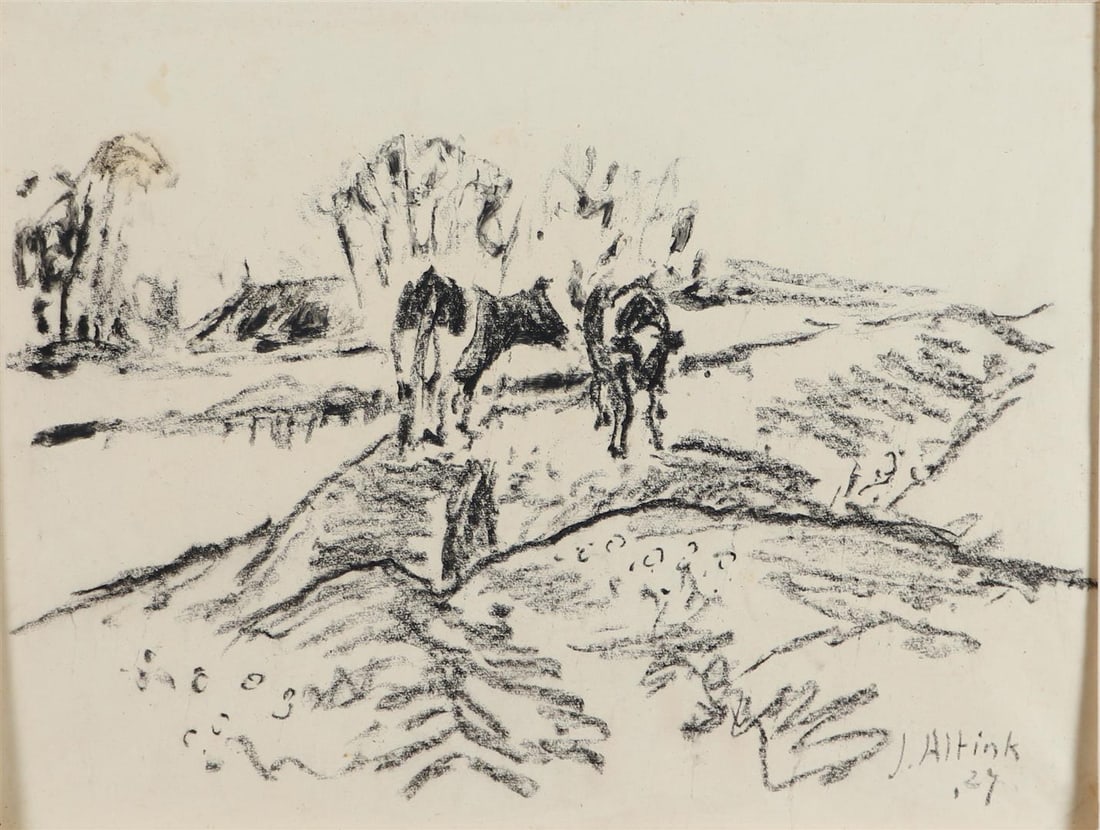Jan Altink (Groningen 1885 - 1971), Cows on the dike: Jan Altink (Groningen 1885 - 1971), Cows on the dike, signed and dated '27' (bottom right), black chalk on paper. Provenance: obtained directly from the artist by J.H.M. Rolink then passed on through