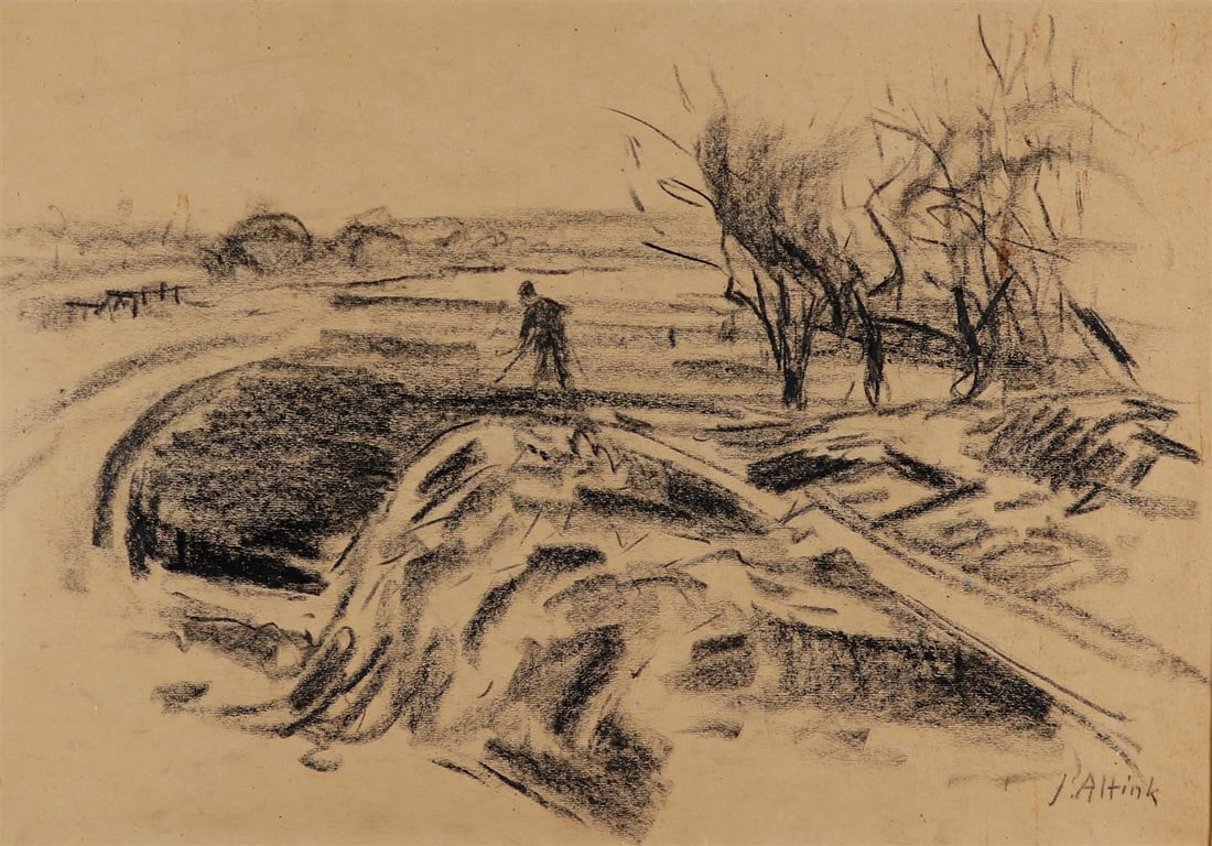 Jan Altink (Groningen 1885 - 1971), Haymaking / Hoeing: Jan Altink (Groningen 1885 - 1971), Haymaking / Hoeing,, signed (bottom right), and dated ca. 1930, black chalk on paper, Origin: obtained directly from the artist by J.H.M. Rolink then passed on thro