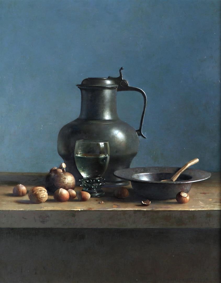 Henk Helmantel (Westeremden 1945), Still life with pewter jug, stemware and nuts on a table: Henk Helmantel (Westeremden 1945), Still life with pewter jug, stemware and nuts on a table, signed and dated '1996' (bottom right), and signed again, dated ' March 16, 1996', and annotated 'Netherlan