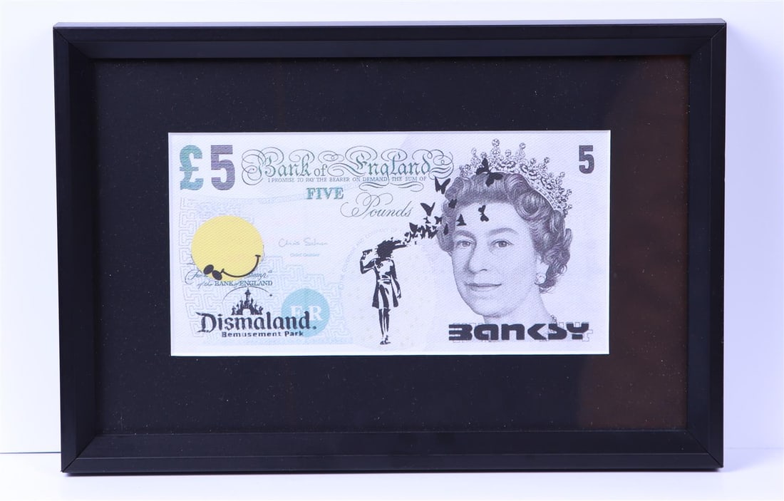 Banksy (b.: Bristol, UK 1974), (after), Five pound note, Dismaland, depicting 'Butterfly suicide (1 of 1)