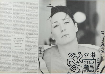 Keith Haring (Reading, Pennsylvania 1958 - 1990 New York) (after): Keith Haring (Reading, Pennsylvania 1958 - 1990 New York) (after), Drawing in black marker on interview with Anjelica Huston, bears signature and date.36 x 52 cm.