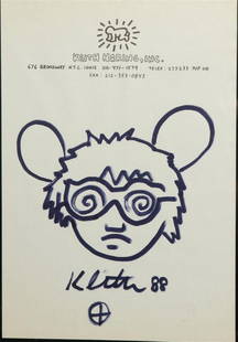 Keith Haring (Reading, Pennsylvania 1958 - 1990 New York) (after): Keith Haring (Reading, Pennsylvania 1958 - 1990 New York) (after), Drawing in black marker on the artist's stationery, signed and dated '88' (lower center).26,5 x 18 cm.