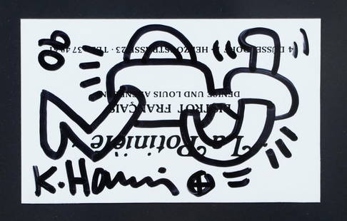 Keith Haring (Reading, Pennsylvania 1958 - 1990 New York) (after): Keith Haring (Reading, Pennsylvania 1958 - 1990 New York) (after), Drawing in black marker on Restaurant business card, signed and dated '90'.