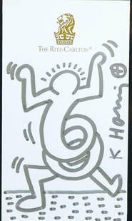 Keith Haring (Reading, Pennsylvania 1958 - 1990 New York) (after): Keith Haring (Reading, Pennsylvania 1958 - 1990 New York) (after), Drawing in silver marker on note paper from the Ritz-Carlton, bears signature (centre right).15,5 x 9 cm.