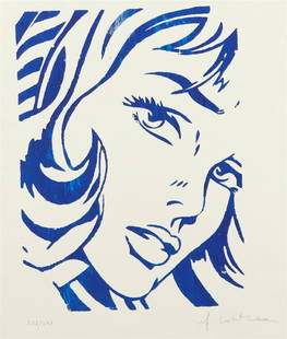 Roy Lichtenstein (New York City 1923 - 1997), After, Girl, Template print in blue ink: Roy Lichtenstein (New York City 1923 - 1997), After, Girl, Template print in blue ink, bears signature and numbering '231/250' (in pencil).43 x 32,5 cm.