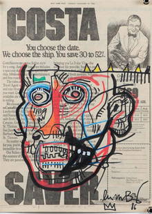 Jean Michel Basquiat (New York 1960 - 1988), (after): Jean Michel Basquiat (New York 1960 - 1988), (after), Untitled, mixed media on page of the New York Post, 1986, bears signature and date '86' (lower right),37 x 29,5 cm.