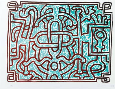 Keith Haring (Reading, Pennsylvania 1958 - 1990 New York) (after): Keith Haring (Reading, Pennsylvania 1958 - 1990 New York) (after), Multiple on handmade paper, signed and dated in pencil, and annotated 'EC'.33 x 48 cm.