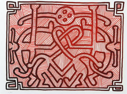 Keith Haring (Reading, Pennsylvania 1958 - 1990 New York) (after): Keith Haring (Reading, Pennsylvania 1958 - 1990 New York) (after), Multiple on handmade paper, signed and dated in pencil, and annotated 'EC'.33 x 48 cm.