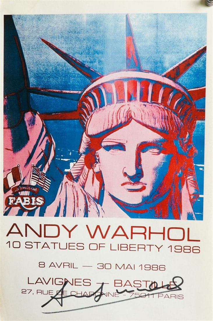 Andy Warhol Pittsburg, Pennsylvania 1928 - 1987 New York) (after): Andy Warhol Pittsburg, Pennsylvania 1928 - 1987 New York) (after), 10 Statues of Liberty 1986, Lavignes - Bastille, bears signature in black marker (lower center), reisued exhibition poster.33 x 22 cm