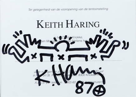 Keith Haring (Reading, Pennsylvania 1958 - 1990 New York) (after): Keith Haring (Reading, Pennsylvania 1958 - 1990 New York) (after), Drawing in black marker upon invitation for exhibition in Casino in Knokke, Belgium. And with drawing De'Jenner sur 'herbe...... (ver