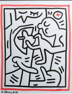 Keith Haring (Reading, Pennsylvania 1958 - 1990 New York) (after): Keith Haring (Reading, Pennsylvania 1958 - 1990 New York) (after), Untitled, Drawing in black and red marker on paper, signed and dated '87' (lower right), and with certificate and label from Tony Sha