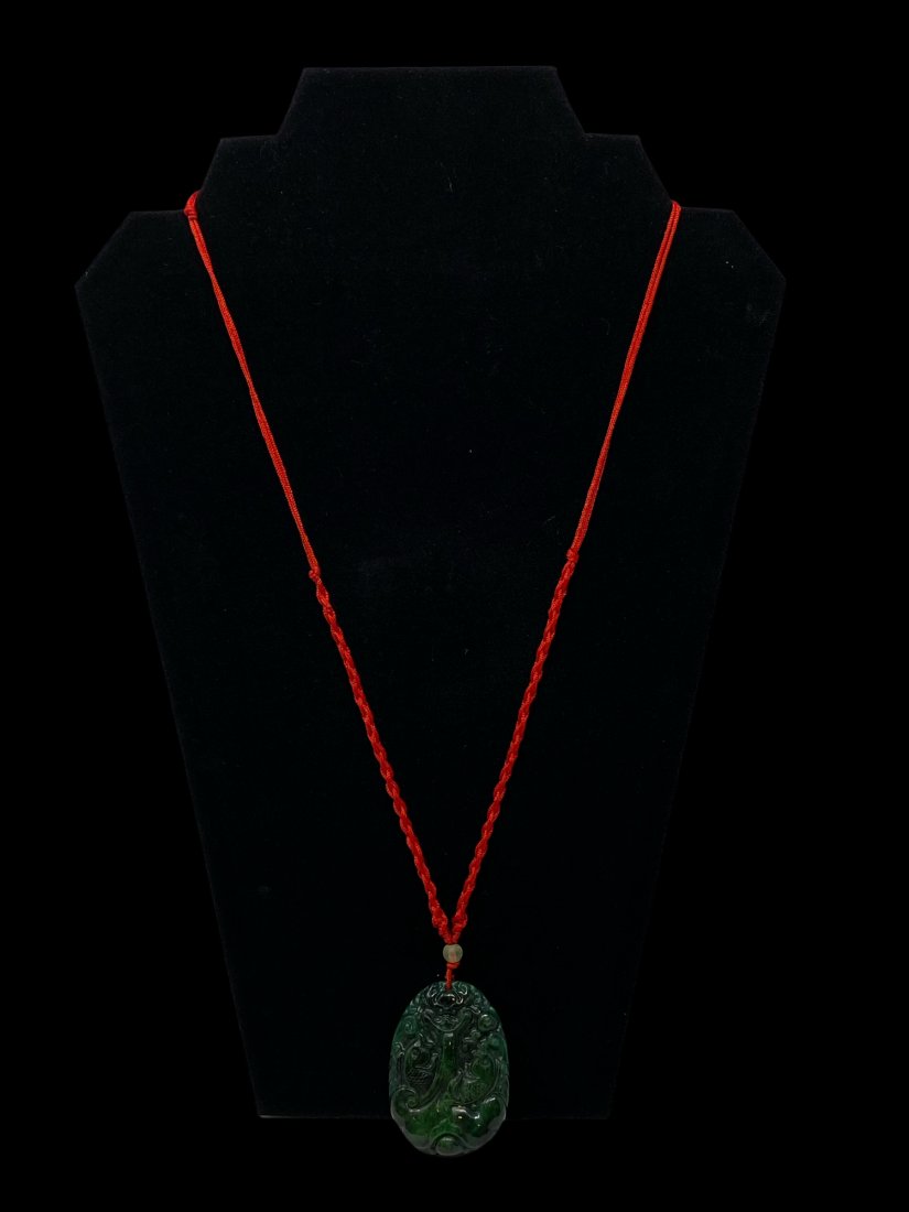 Chinese Carved Green Jadeite Pendant Necklace  (Luck) (1 of 4)