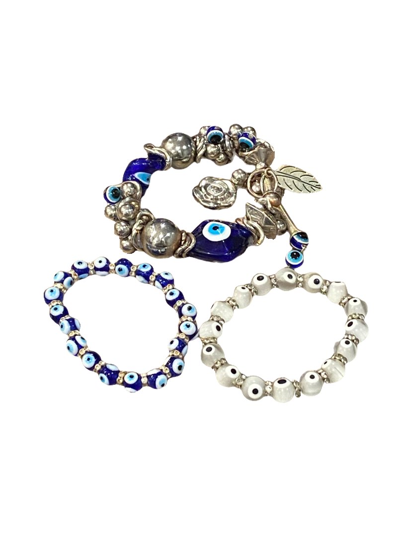 Three Glass Bead "Evil Eye Protection" Bracelets: Set of three Venetian style, Murano and Italian style, glass bead "Evil Eye Protection." Expandable size