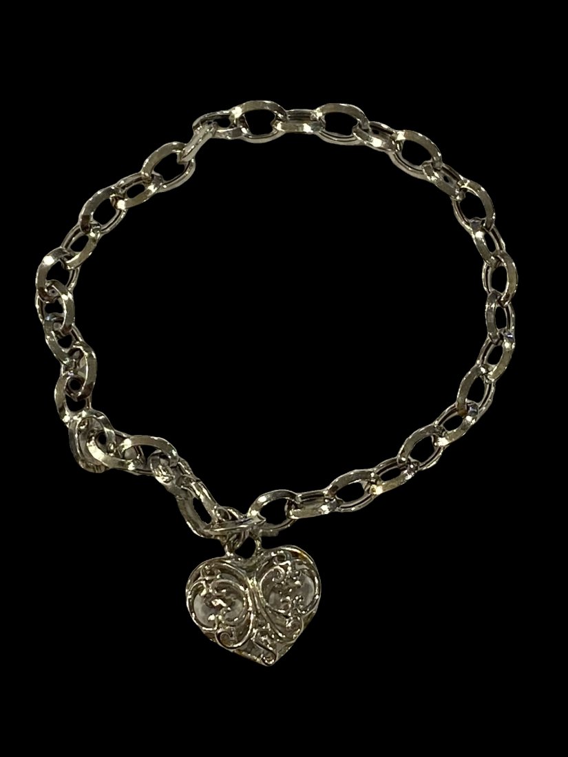 Vintage Italian 14K White Gold Chain Link Heart Charm Bracelet (1 of 4)