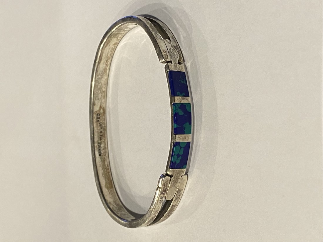 Vintage Mexican Silver Hinged Cuff with Cobalt and Turquoise Stones (1 of 3)