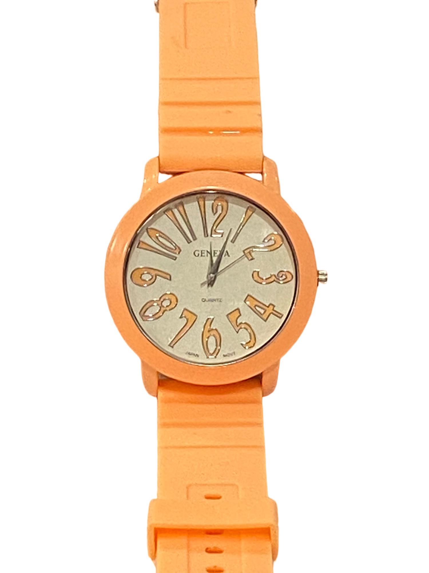 Orange Silicone Geneva Quartz Watch: Orange Silicone Geneva Quartz Watch. RW-73, SMJ-416 with Stainless Steel Back.