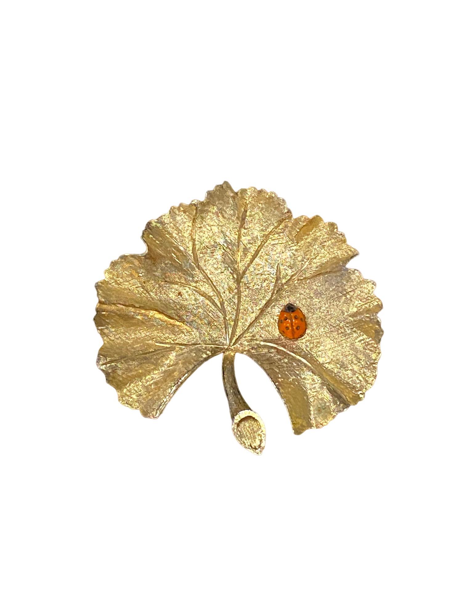 Vintage Signed Ledo 1962 Brushed Gold Tone Leaf and Ladybug Brooch (1 of 3)