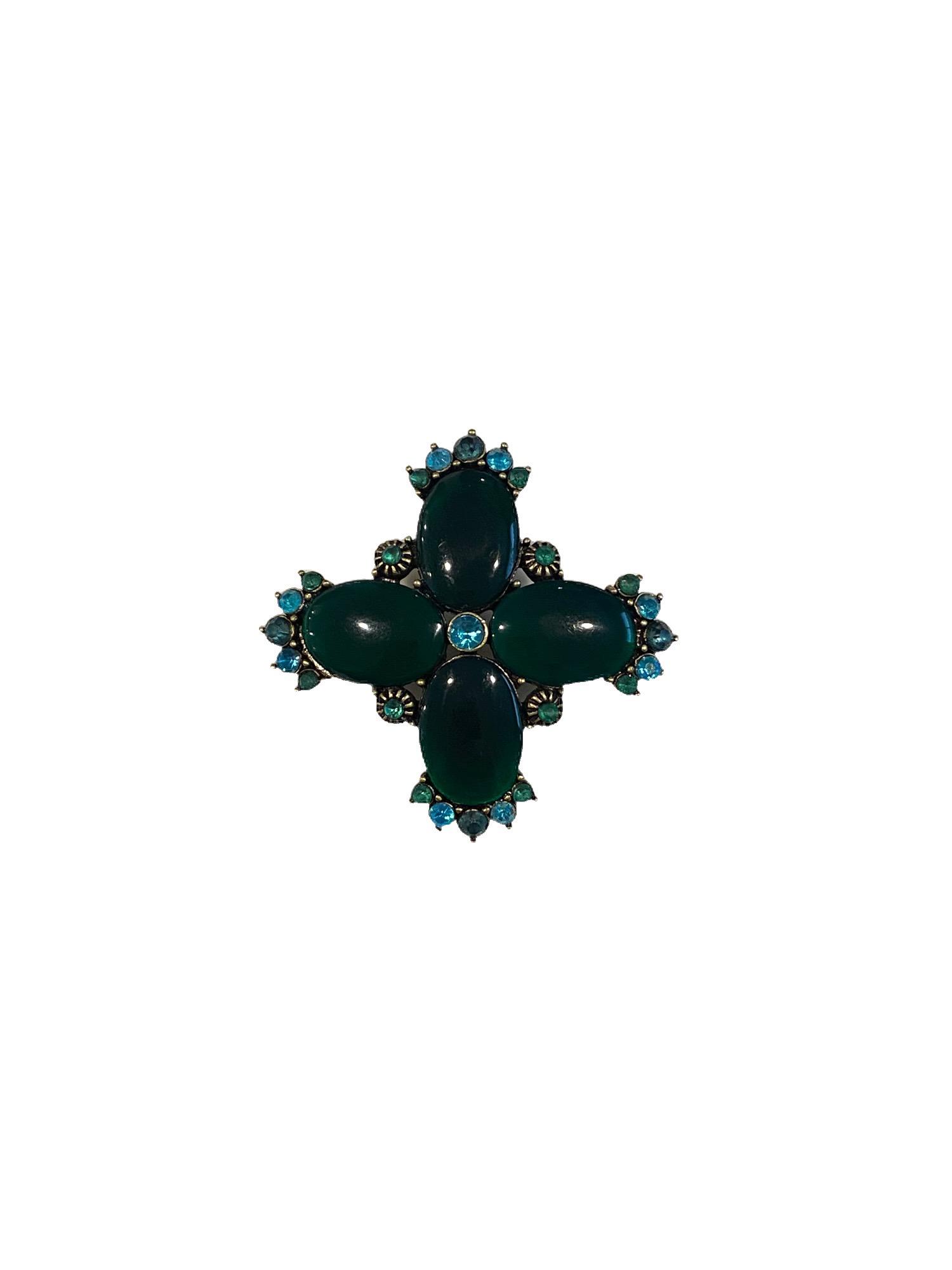 Vintage Monet Blue and Green Rhinestone Brooch: Vintage Signed Monet Blue and Green Rhinestone Brooch