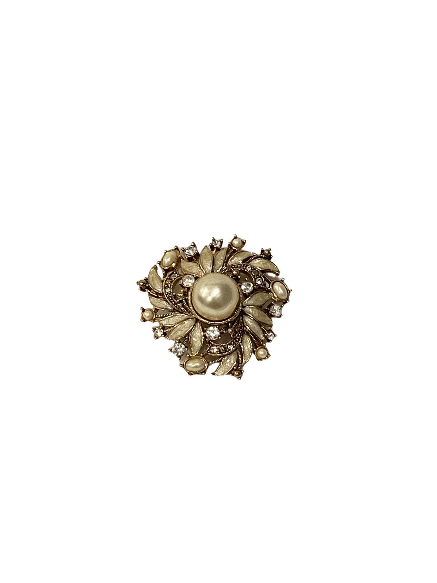 Vintage Monet Gold Tone, Rhinestone, Pearl, and Enamel Brooch: Vintage Monet Gold Tone, Rhinestone, Pearl, and Enamel Brooch