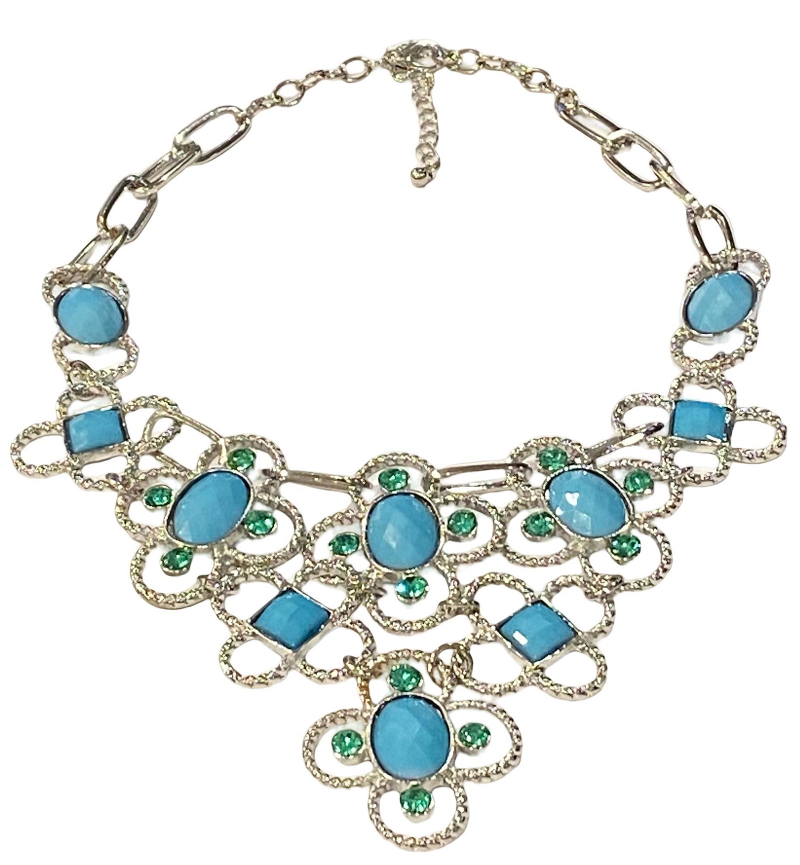 Silver Blue Stone and Green Rhinestone Statement Bib Fashion Necklace (1 of 1)