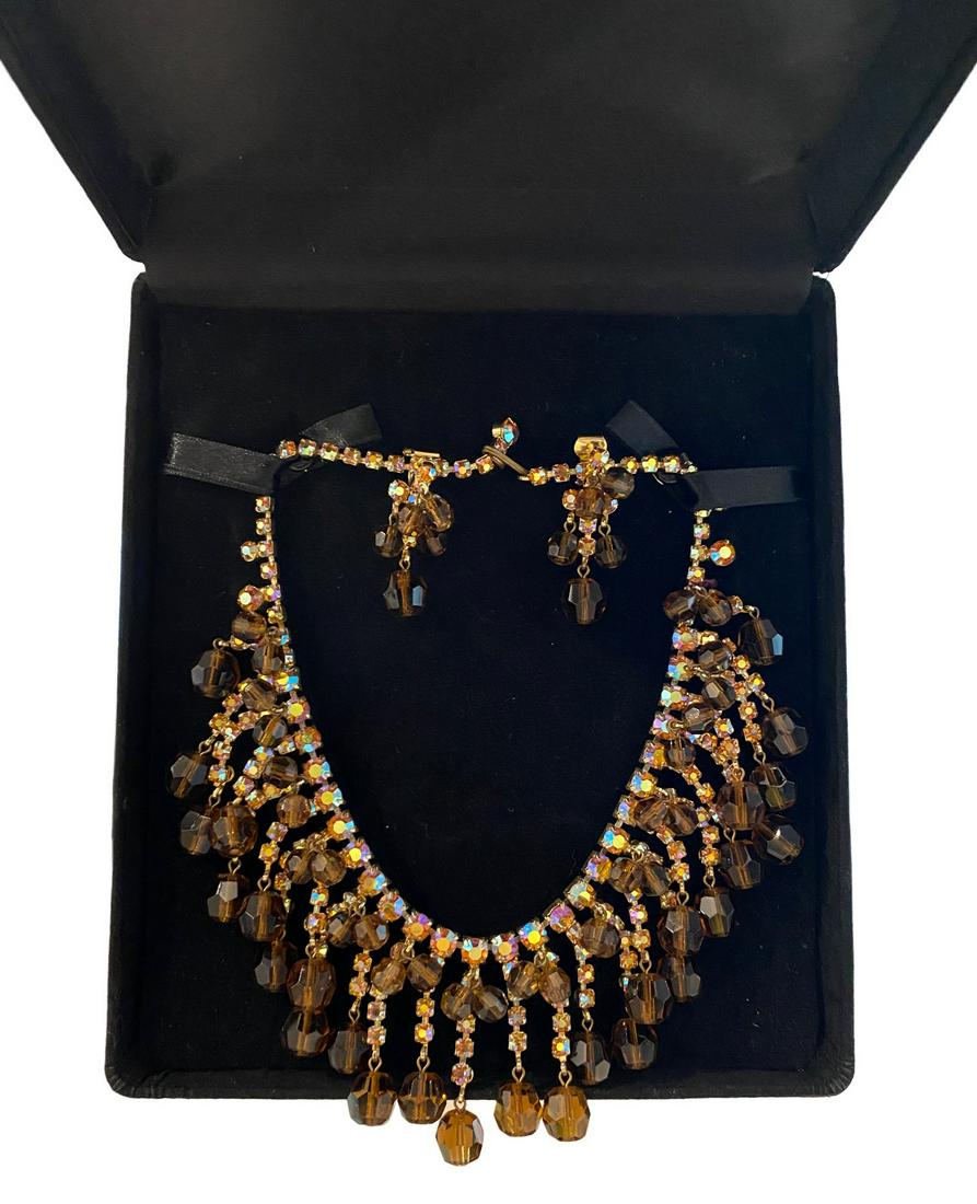 Vintage Unsigned Juliana 2pc Topaz Colored Rhinestone and Bead Bib Necklace and Earrings Set: Vintage Unsigned Juliana 2pc Topaz Colored Rhinestone and Bead Bib Necklace and Earrings Set
