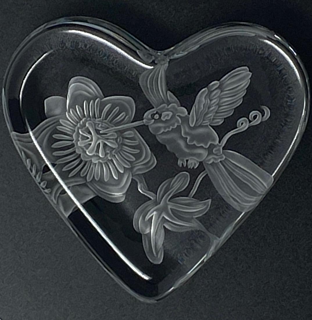 Artist Signed Rene Fuller Baccarat Crystal Cut Heart, Flower, and Hummingbird Art Glass: Artist Signed Rene Fuller Baccarat Crystal Cut Heart, Flower, and Hummingbird Art Glass