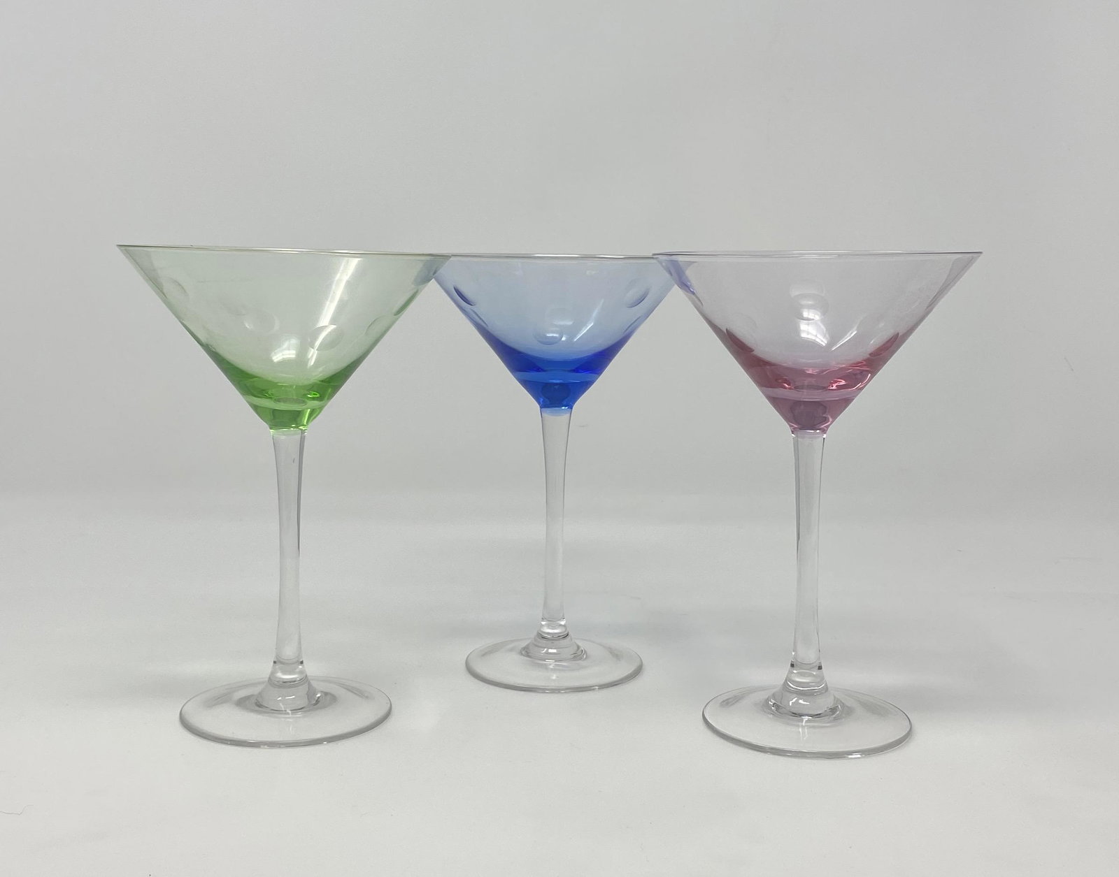 Three Martini Glasses in Green, Blue, and Pink: Three Martini Glasses in Green, Blue, and Pink. 7in T