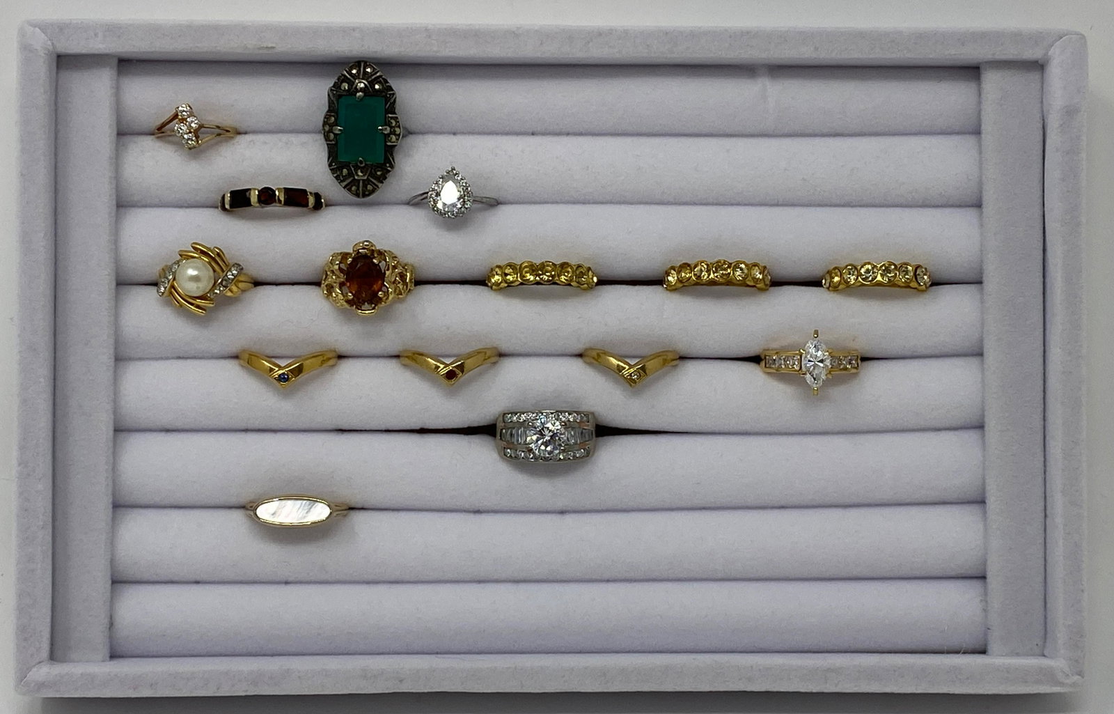 Collection of Vintage Rings Including Sterling Silver or Gold Electroplated: Collection of Vintage Rings (Sterling Silver, Electroplated, Avon, Etc.). Top Row Size