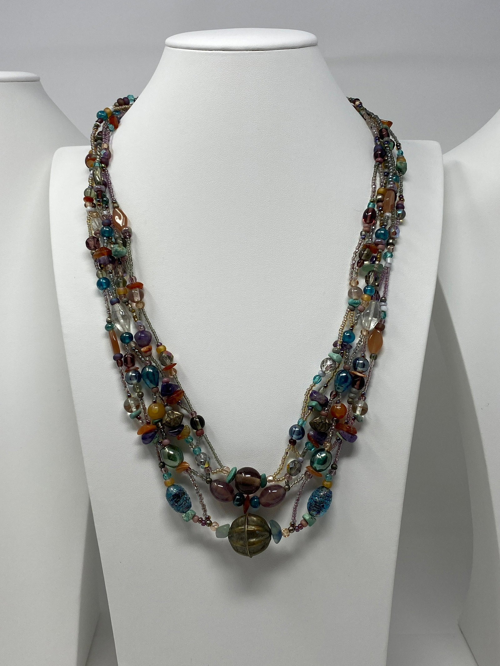 Multi-Strand Beaded Glass and Gem Beads Mixed Necklace: Multi-Strand Beaded Glass and Gem Beads Mixed Necklace. Multicolor of Plain and Fancy Beads Large Focal Beads are Glass. Some Small Carnelian and Agates Chip Beads along with Amethyst Chips. Circa 196
