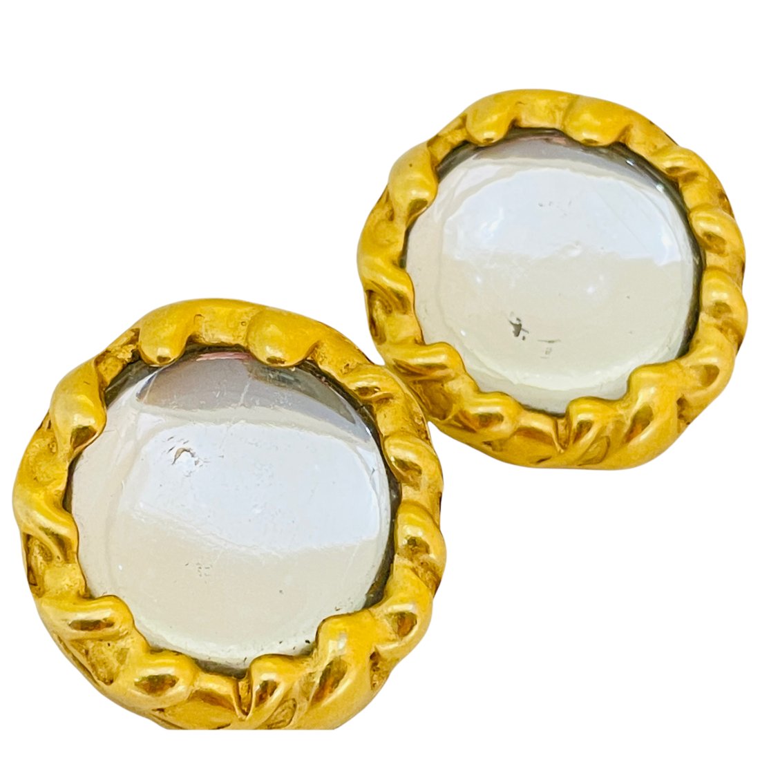 Vintage DONA KARAN DKNY gold glass designer clip on earrings: DETAILS• signed DKNY• gold tone with glass• vintage designer runway earrings MEASUREMENTS • 1.25" 1.13"CONDITION• excellent vintage condition with minimal signs of wear